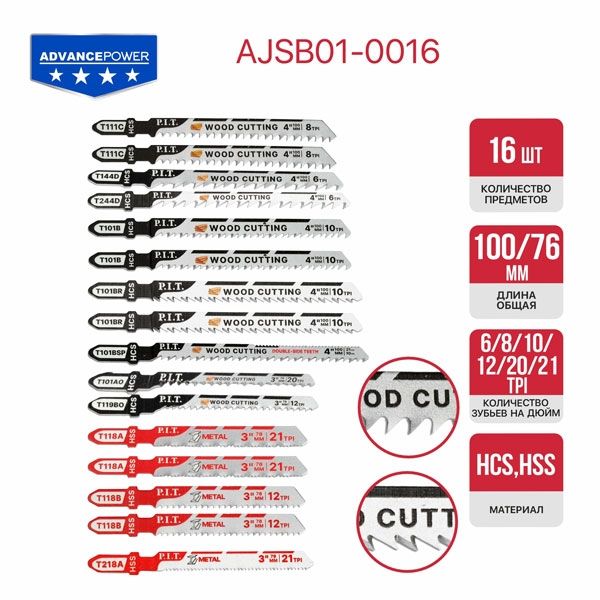 Набор пилок для лобзиков ADVANCE 16 шт, дерево/металл/фигурный рез, блистер PIT AJSB01-0016