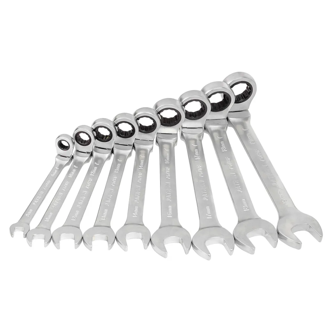 Набор ключей комбинированных трещоточных с шарниром 9 пр, 8-19 мм PATRON P-51092F