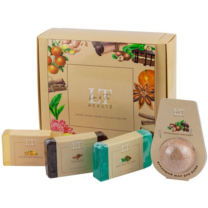 Набор 1, мыло Имбирь и апельсин, Корица, Мята и чайное дерево, шар Ореховый бисквит La and Te beaute LT-SP1(мыло+шар)
