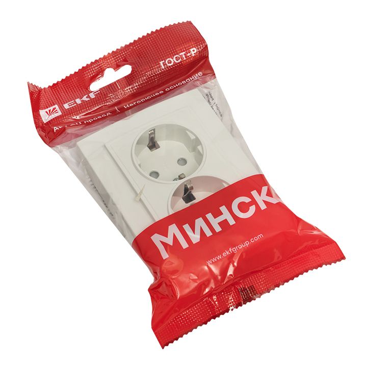 Минск Розетка 2-местная СП с заземлением 16А белая с защ, штор, EKF Basic ERR16-128-100