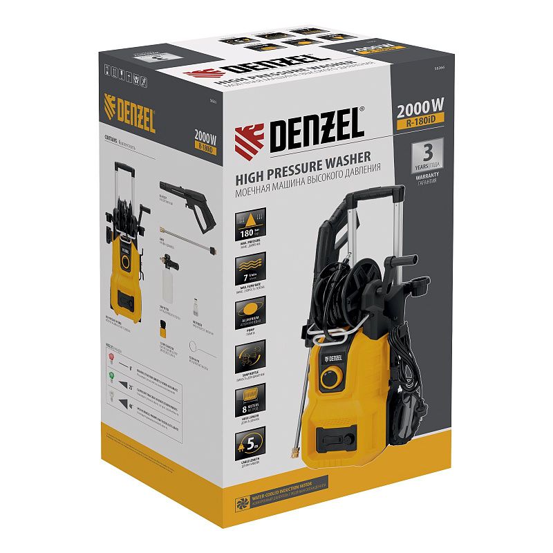 Моечная машина высокого давления R-180iD, 2000 Вт, 180 бар, 420 л/ч, асинх. двиг., бараб. Denzel 58266