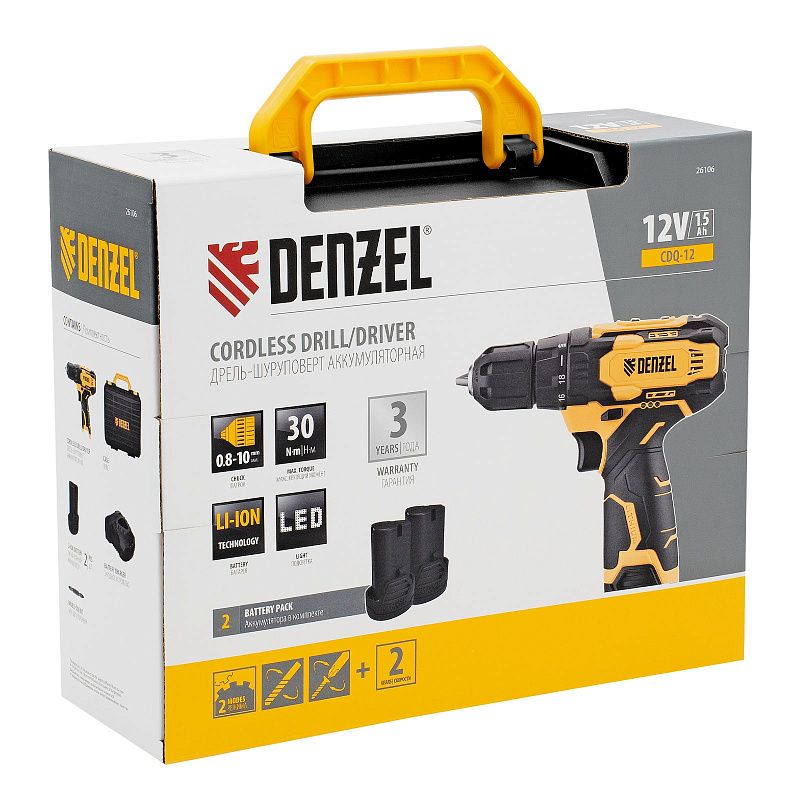 Дрель-шуруповерт аккумуляторная CDQ-12, Li-Ion, 12 В Denzel 26106