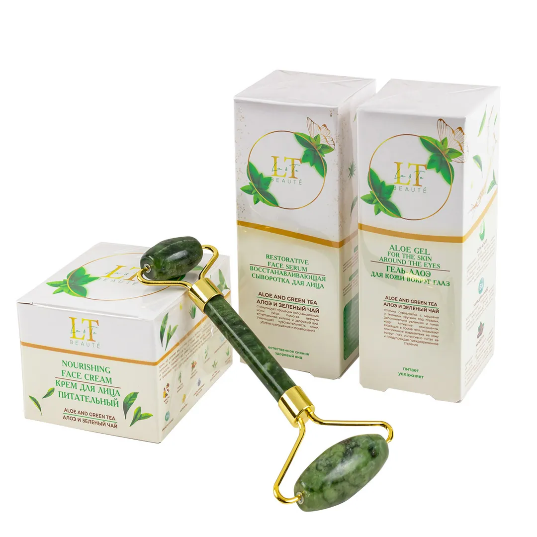 Набор Алоэ и зеленый чай, крем для лица, сыворотка для лица, гель алоэ для кожи вокруг глаз, массажный ролик La and Te beaute LT-49
