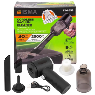 Пылесос автомобильный аккумуляторный 3,7В, 1200мА/ч, 30Вт, контейнер 0,45 л ISMA ISMA-ST-6659