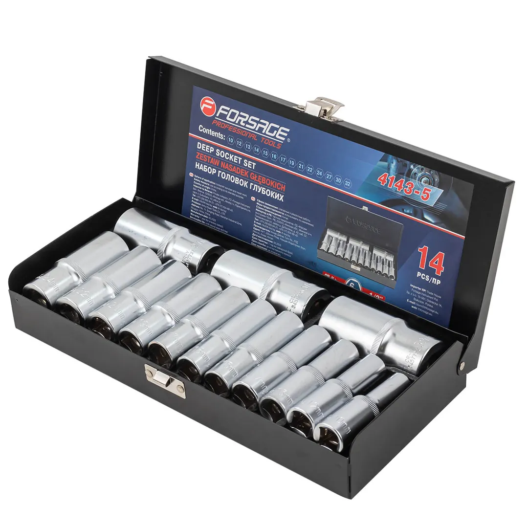 Набор головок глубоких 14 пр. 1/2'' 6-гр. 10-32 мм Forsage F-4143-5 BLACK