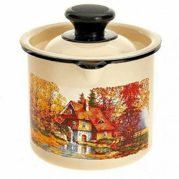 Кружка эмалированная с носиком и крышкой 1 л, слоновая кость, Старая мельница Керченский металлургический завод 40204-072/4-У9СлСМ