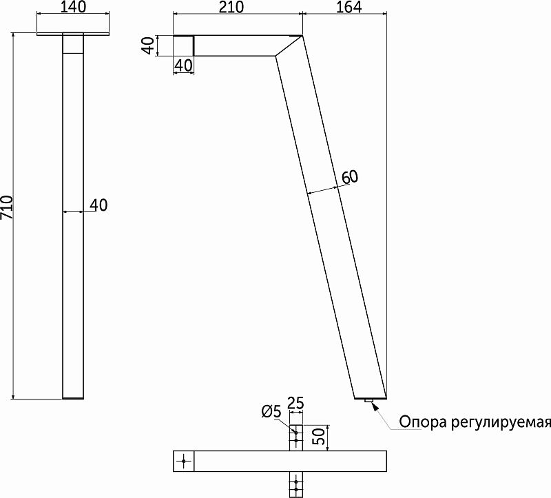 Опора меб. прямоугольная 60*40 h710 наклонная, черный (1компл=4шт) AKS 89553