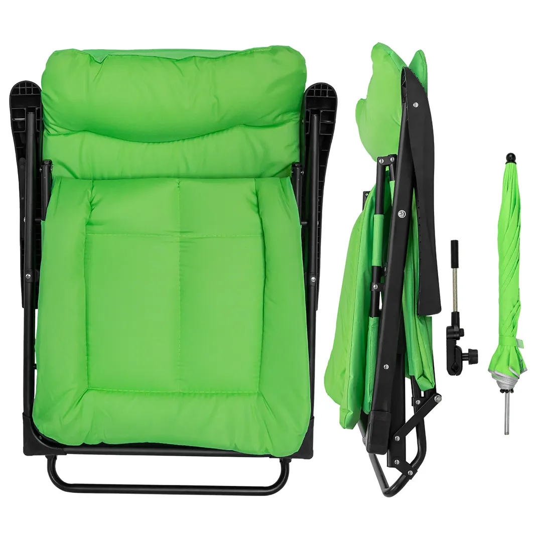 Шезлонг складной с подлокотниками на мягкой основе в комплекте с зонтом садовым, светло-зеленый, 1780х670х300 мм, до 200 кг WMC TOOLS WMC-FG-HY-8000LG-Z