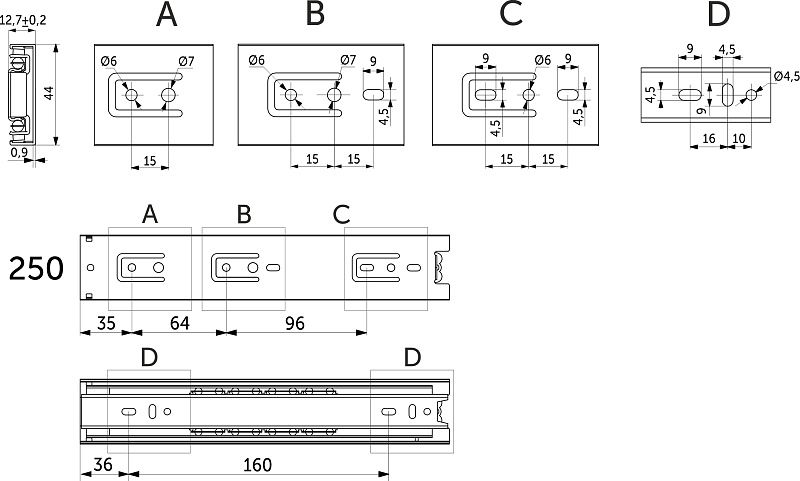 Направляющая шариковая L-250 h45 C AKS 118889