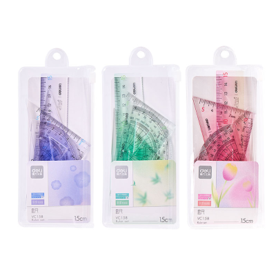 Набор чертежный "Deli VC158": линейка 15 см, треугольник 45 и 60 гр, транспортир 180 гр, ассорти