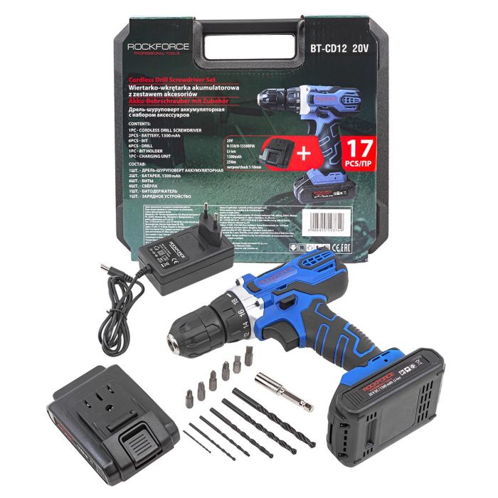 Дрель-шуруповерт аккумуляторная с набором аксессуаров RockForce RF-BT-CD12 20V