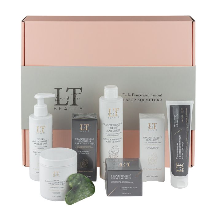 Набор, Увл, эссенция, тоник, восст, маска, крем для лица, увл, патчи для кожи вокруг глаз, пенка для глуб, очищения со скраб, гранулами, пэды-60шт+скребок гуаша La and Te beaute LT1R