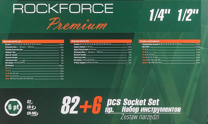 Набор инструментов 82+6 пр. 1/4''&1/2'', 6-гр. RockForce RF-4821-5 PREMIUM
