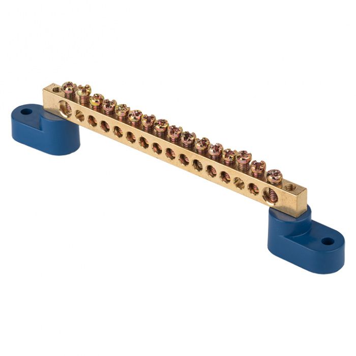 Шина "0" N (6х9мм) 16 отверстий латунь 2 синих угловых изолятора EKF PROxima sn0-2-63-16