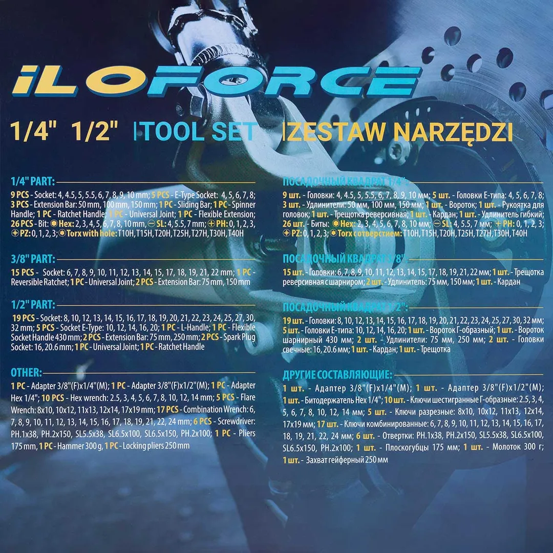 Набор инструментов 142 пр.1/4''&3/8''&1/2'' 6- гр ILOforce IF-41421-5