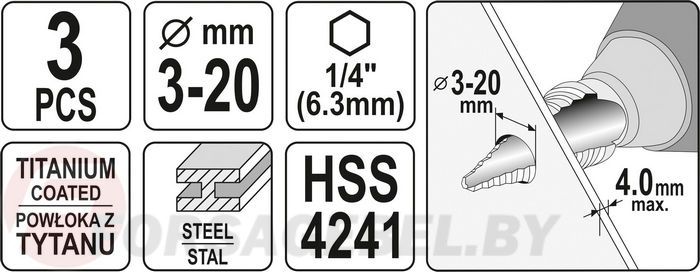 Набор ступенчатых сверл по металлу 3 пр. 3-20 мм. Yato YT-44731