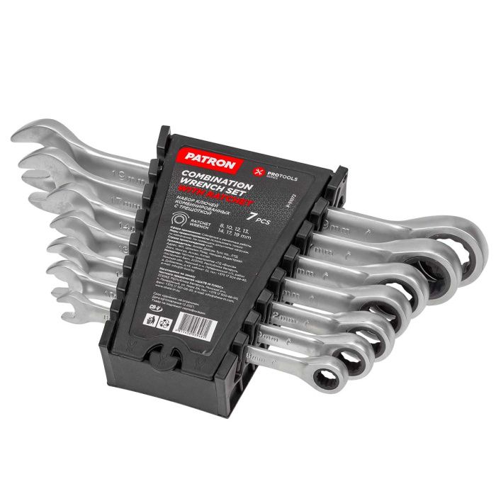Набор ключей комбинированных трещоточных 7 пр, 8-19 мм PATRON P-51072