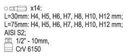 Набор бит 10 мм HEX H4-H12 L30, 75 мм 15 пр. S2 HRC58-62 Yato YT-0413