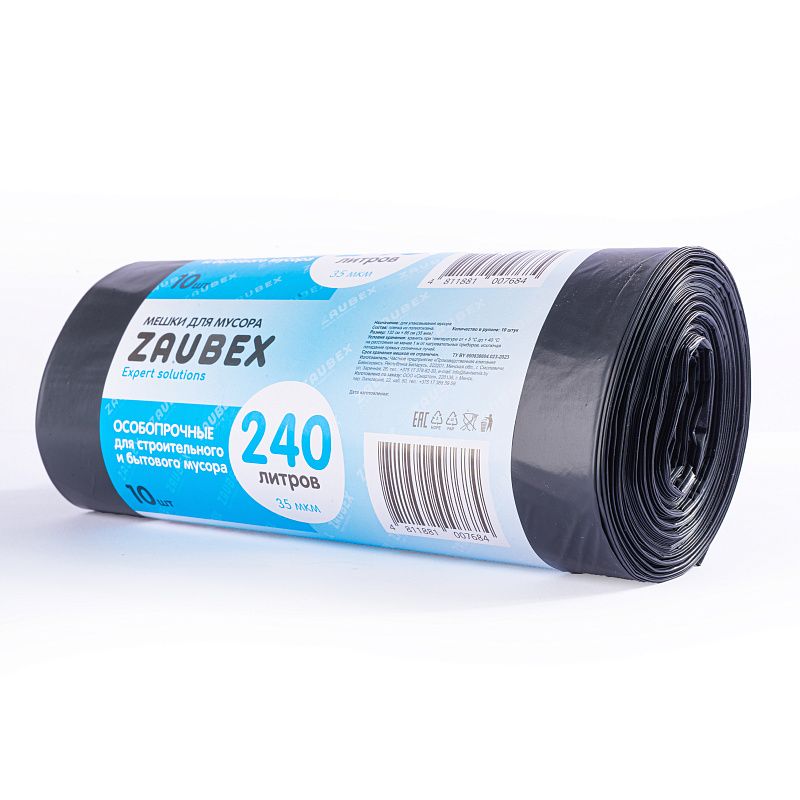 Мешки для мусора ПВД "Zaubex", 35 мкм, 240 л, 10 шт/рулон