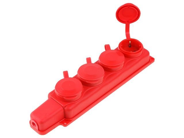 Розетка 4-ая переносная, с/з, 16А, 250В, брызг. защ., каучук, красная, РП16-432, Юпитер JP7601-12