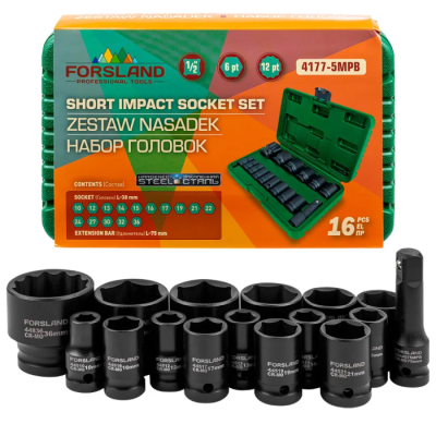 Набор ударных глубоких головок 10-36 мм 1/2'' 6-гр&12-гр 16 пр Forsland Forsland-4177-5MPB