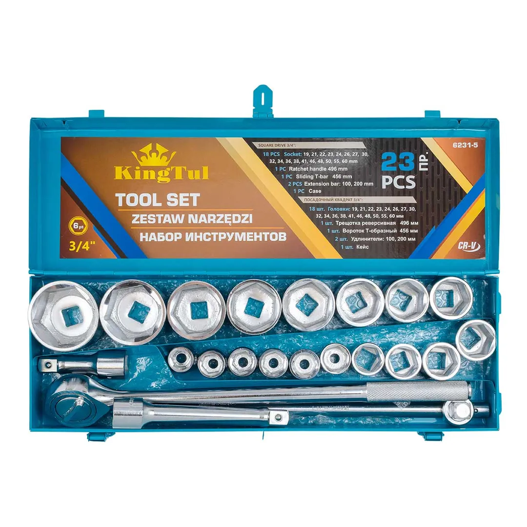 Набор торцевых головок 23 пр. 3/4'' 6-гр. 19-60 мм в металл.кейсе KINGTUL KT-6231-5