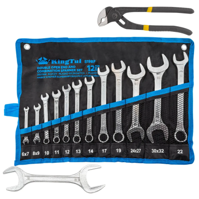 Набор комбинированных 10-22 мм и рожковых ключей 6х7, 8х9, 24х27, 30х32, 36х41 мм, пассатижи, 14 пр KINGTUL KT-5198P+2