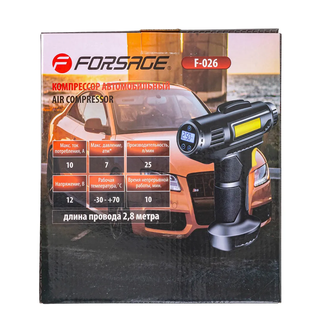 Компрессор поршневой автомобильный с цифровым манометром, 25л/мин, 10А F-026 12V Forsage F-026