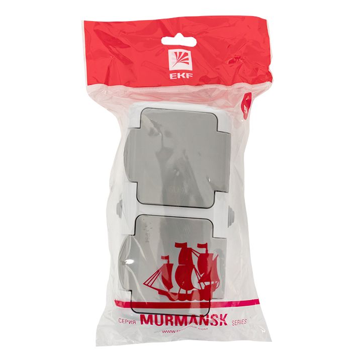 Мурманск Розетка 2-местная 16А с заземлением с крышкой IP54 серый с защитными шторками EKF EFR16-129-30-54