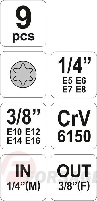 Набор торцевых головок Е-типа 1/4'' E5-8, 3/8'' Е10-16 9 пр. Yato YT-0520