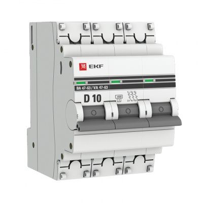Автоматический выключатель 3P 10А (D) 4,5kA ВА 47-63 EKF PROxima mcb4763-3-10D-pro