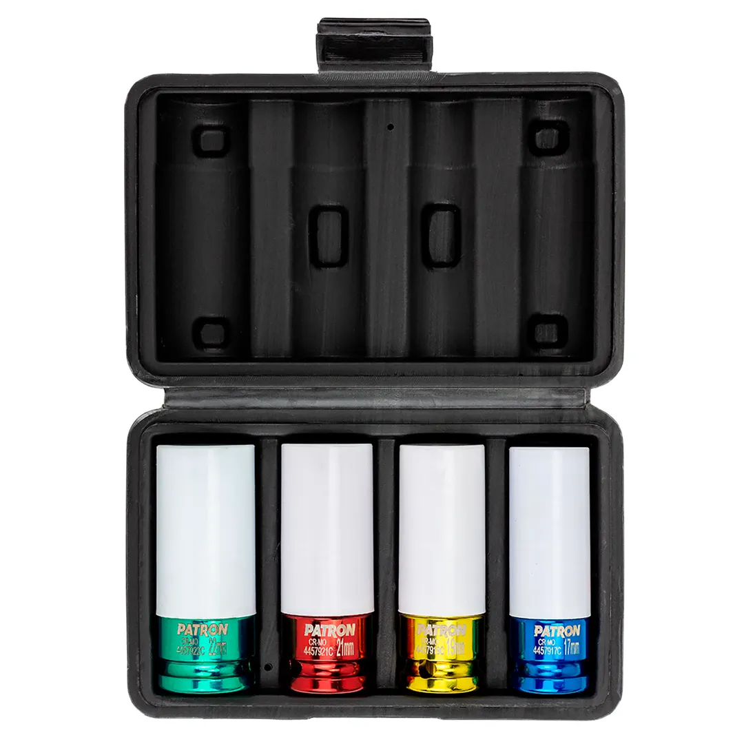 Набор ударных глубоких тонкостенных головок 17, 19, 21, 22 мм в защитном кожухе 4 пр 1/2'' 6-гр PATRON P-4046