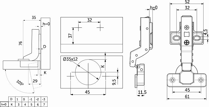 Петля внутренняя без пружины 45мм h0 clip-on, саморезы, заглушки, упак 2 шт., PRIME by AKS 112710