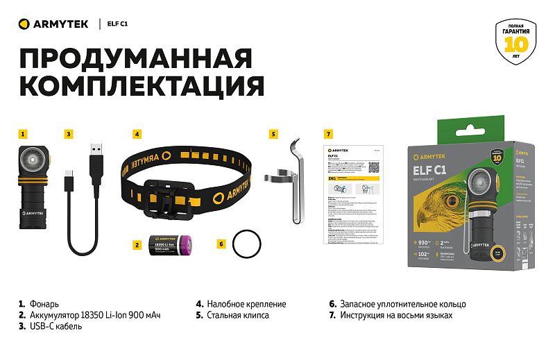 Фонарь Elf C1 USB-C Теплый Armytek F05003W