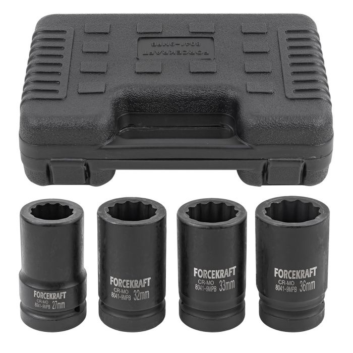 Набор глубоких ударных головок 4 пр., 1'', 12-гр. 27-36 мм ForceKraft FK-8041-9MPB
