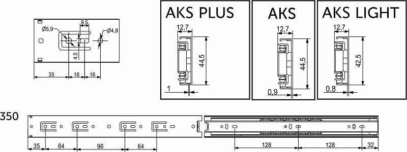 Направляющая шариковая L-350 h45 черная AKS 47043