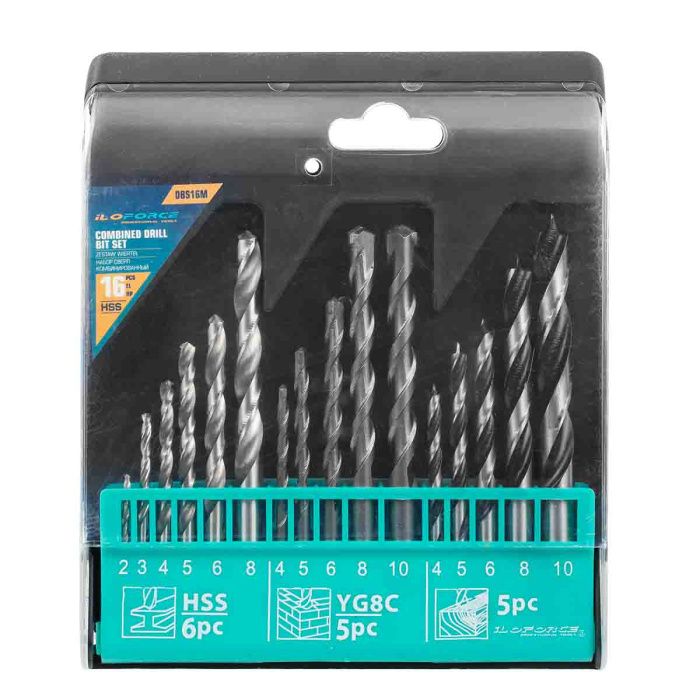 Комбинированный набор сверл 16 пр, по металлу: 2-6, 8 мм, по бетону: 4-6, 8, 10 мм, по дереву: 4-6, 8, 10 мм ILOforce IF-DBS16M