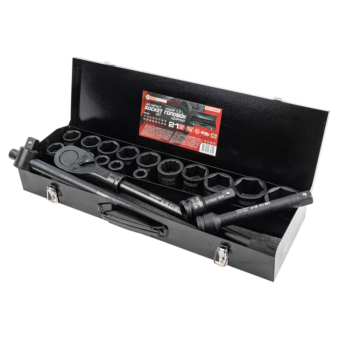 Набор головок ударных ''Profi'' 3/4'', 21 пр, 6-гр 17-36 мм, 12-гр 38-50 мм ForceKraft FK-6213-5MPB