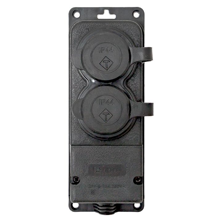 Роз, (колодка) двухмест, с защит, крышками каучуковая 230В 2P+PE 16A IP44 EKF PRO RPS-018-16-230-44-r
