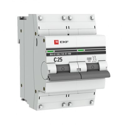 Автоматический выключатель 2P 25А (C) 10kA ВА 47-100 EKF PROxima mcb47100-2-25C-pro