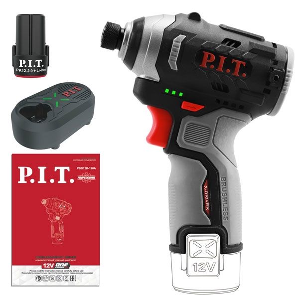 Винтоверт IMPACT аккум. бесщёточный PSD12K-120A/1 (12В, 120Нм, 3 ск, HEX 1/4", 1 акб 2Ач, ЗУ) PIT PSD12K-120A/1