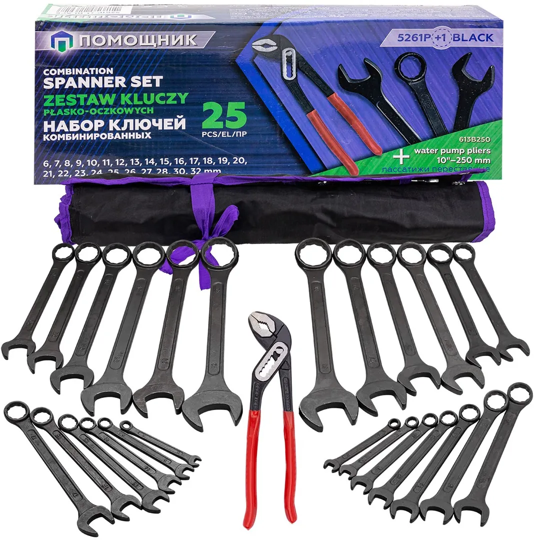 Набор комбинированных ключей 6-32 мм, пассатижи 250 мм, 26 пр Помощник 5261P+1 BLACK