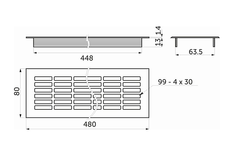Решетка вентиляционная 480х80мм белая алюминий (тип 2) AKS 100529