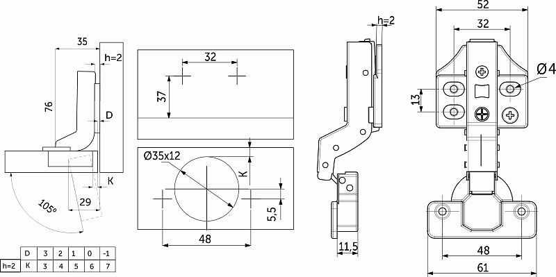 Петля внутренняя без пружины 48мм h2 clip-on 3D, саморезы, заглушки, упак 2 шт., PRIME by AKS 112714