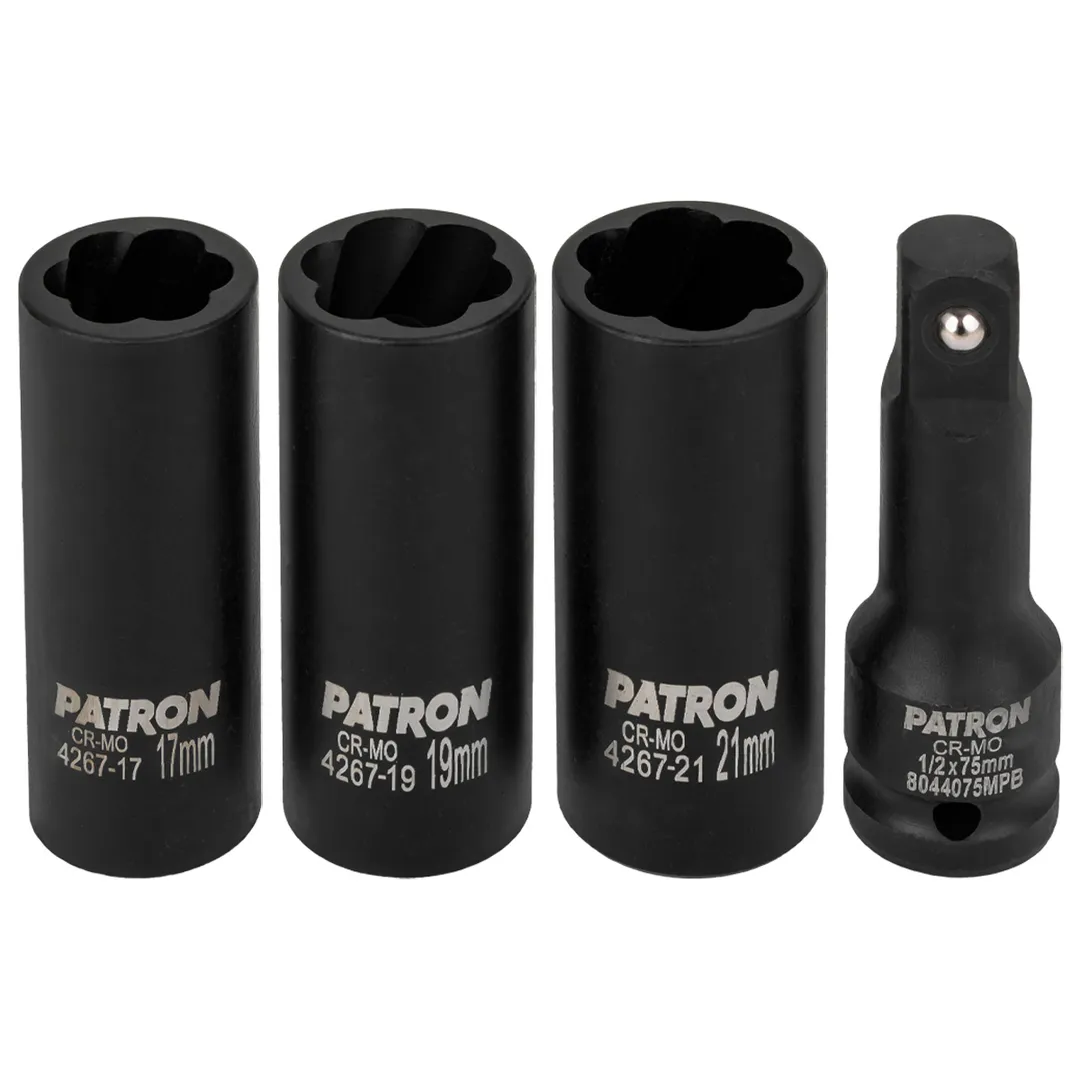 Набор ударных двухсторонних головок экстрактор/6-гр, с удлинителем 17, 19, 21 мм 1/2'' 4 пр PATRON P-4267
