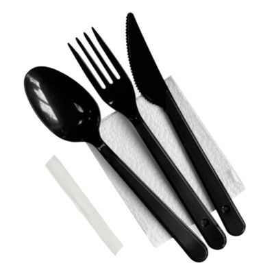Набор приборов одноразовых (вилка+ложка ст.+нож+салфетка+зубочистка), 200 шт/упак, пластик, черный
