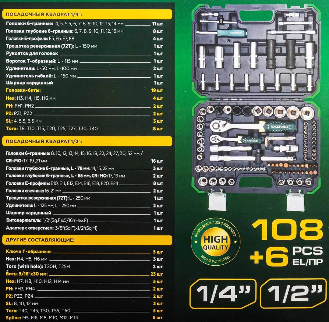 Набор инструментов 108+6 пр 1/4''&1/2'' 6-гр RockForce RF-41082-5 GOLD