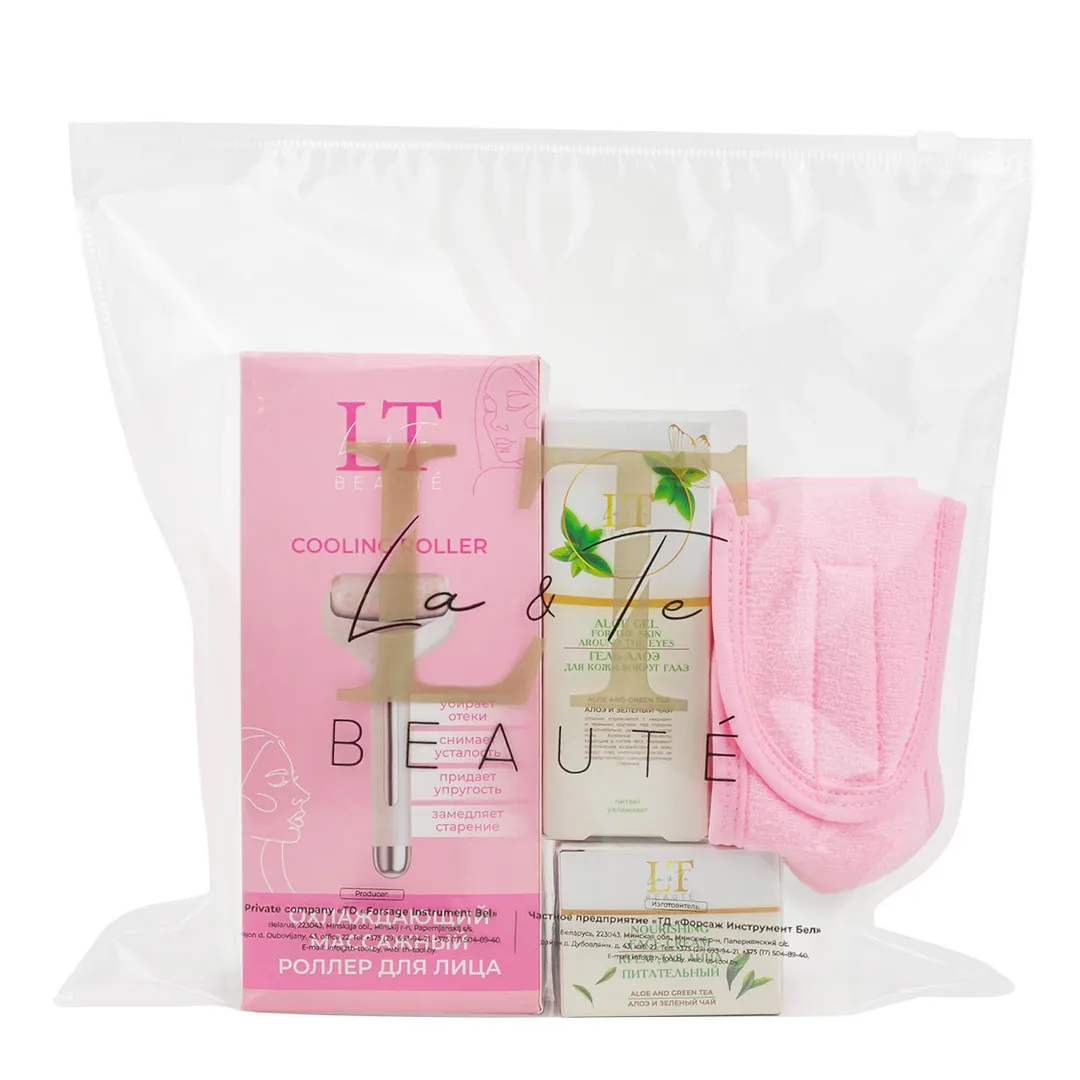 Набор Алоэ и Зеленый чай, роллер массажный, крем для лица, гель-алоэ для кожи вокруг глаз, повязка на голову, розовая La and Te beaute LT-MS2