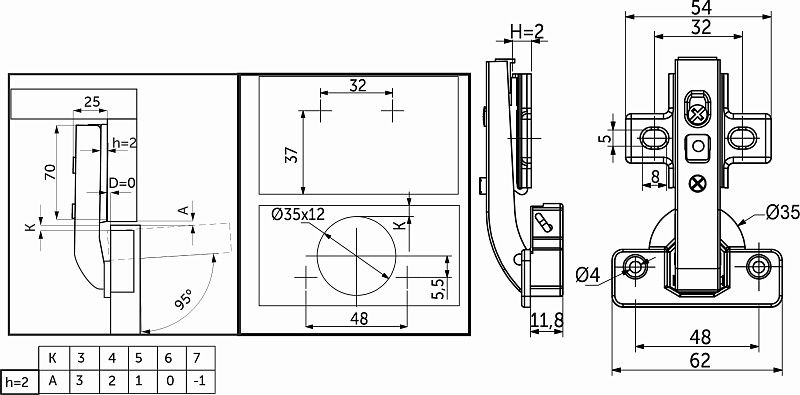 Петля под фальшпанель 90° с доводчиком 48мм h2 clip-on AKS 118111