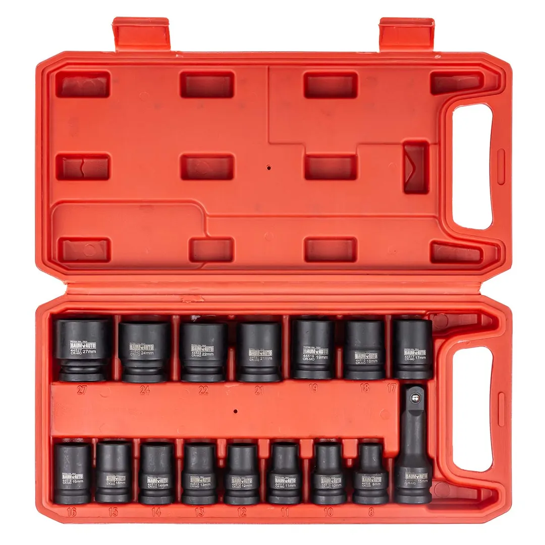 Набор ударных головок 8-27 мм 1/2'' 6- гр 16 пр, удлинитель 75 мм BaumAuto BM-4179-5MPB